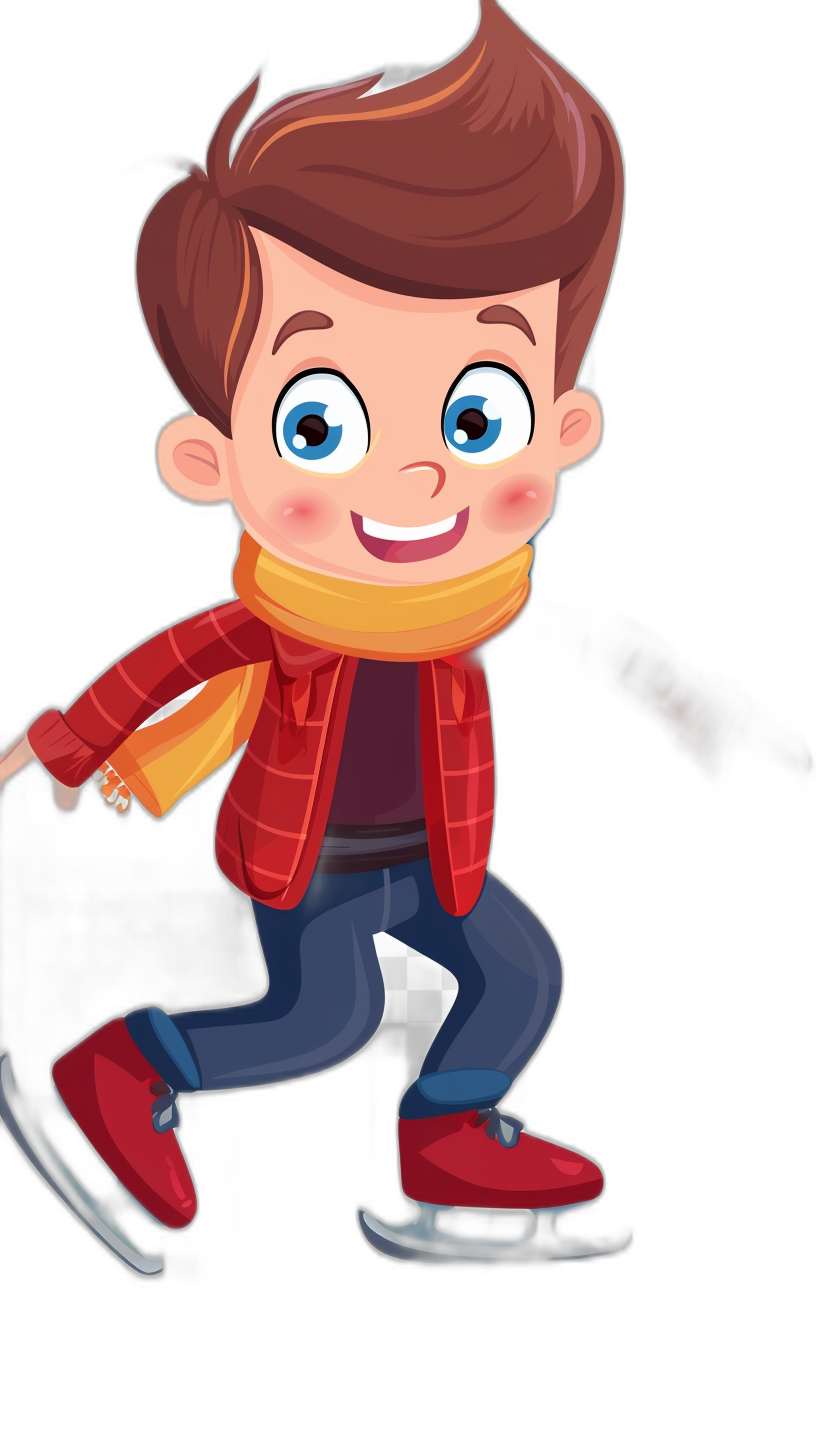 Cartoon character, a boy ice skating on a black background, in the cartoon style, flat design, simple illustration, high resolution, colorful animation stills, in the style of Pixar, cartoon characters, a cartoon character with short brown hair and blue eyes wearing a red jacket and yellow scarf and dark jeans pants and skates.