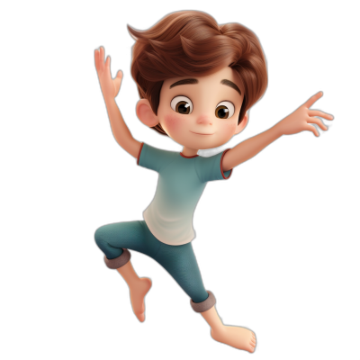 A cute boy is doing yoga in the style of Pixar, jumping on the black background. He has brown hair and wears blue pants with white short sleeves. The cartoon character features a simple animation style and full body portrait. It showcases high-definition details, bright colors, and clear facial expressions.