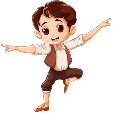 A cute little boy in brown pants and a white shirt, dancing in a ballet pose in the style of a cartoon with a black background.