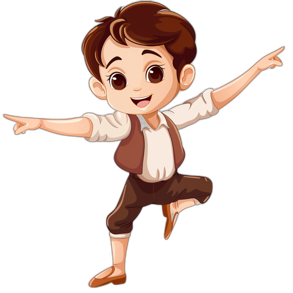 A cute little boy in brown pants and a white shirt, dancing in a ballet pose in the style of a cartoon with a black background.