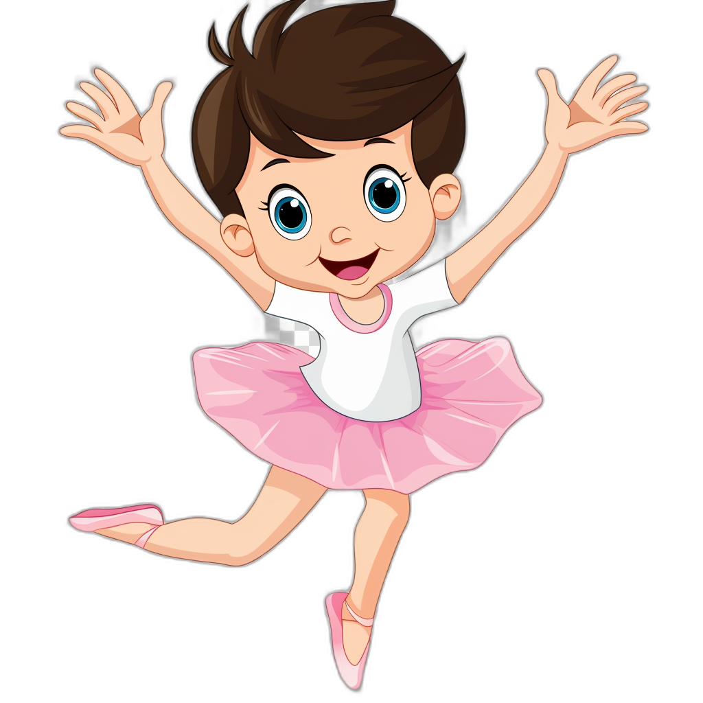 Cartoon girl in a ballet costume, jumping pose with a black background. The cartoon has short hair and is wearing a pink skirt and white t-shirt. An illustration in the style of a cartoon. Flat design. Vector graphics. No shadows on the character’s body. Isolated object without any shadow or reflection. In vector format. Isolate object on a solid color background.