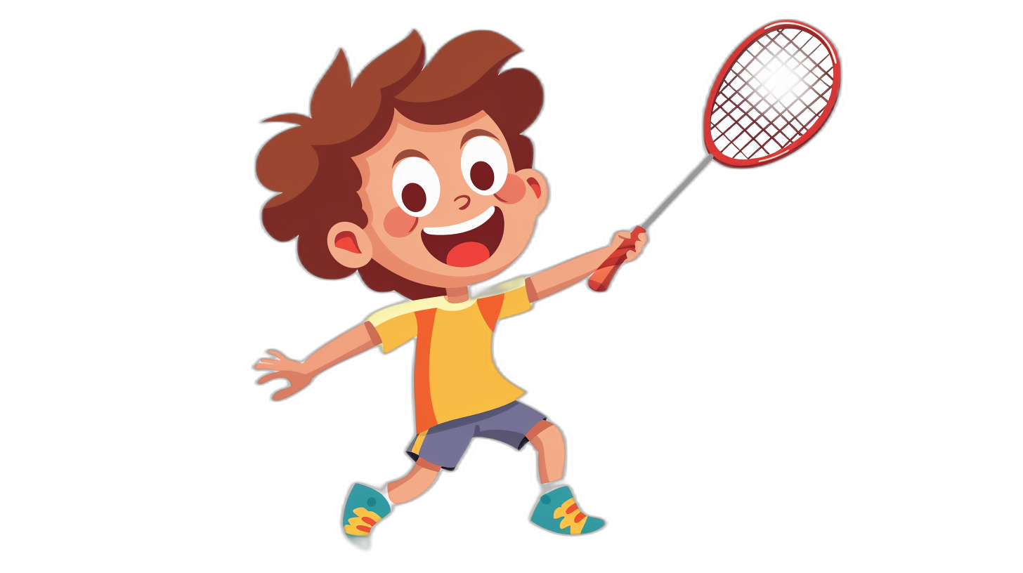 A cute little boy playing badminton in a vector illustration style with simple flat color blocks on a black background in the style of cartoon character design with bold lines and solid colors and simple details and high saturation and a bright light sense. The face is happy with big eyes, wearing sports  and holding the racket in his hand ready to hit it.