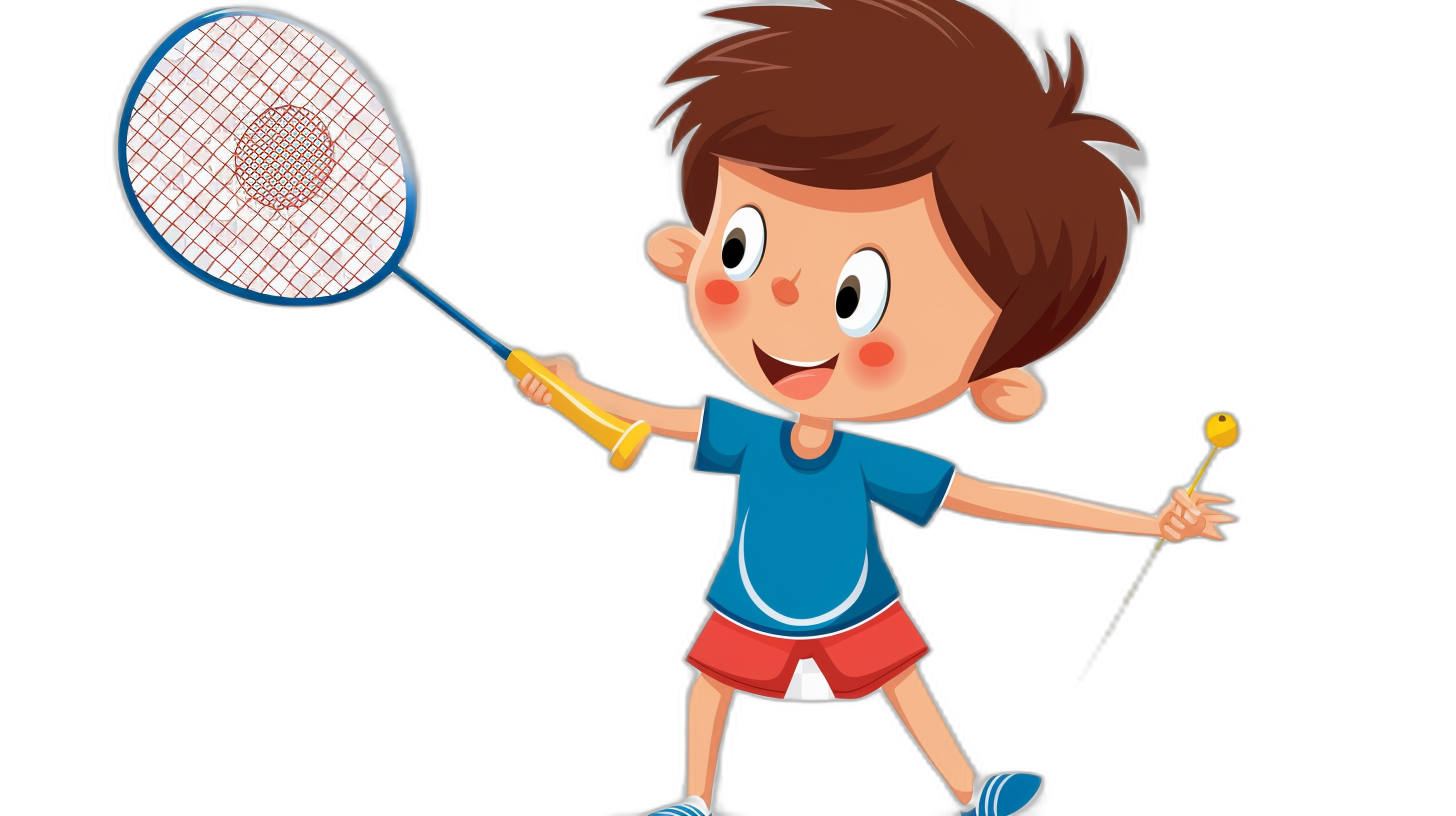 A cute little boy is playing badminton in a cartoon style illustration with a black background. The simple and clean design features vibrant colors and a playful atmosphere. The character has short brown hair and wears a blue t-shirt, red shorts, and white shoes. He is holding a racket in his hand with a happy expression.