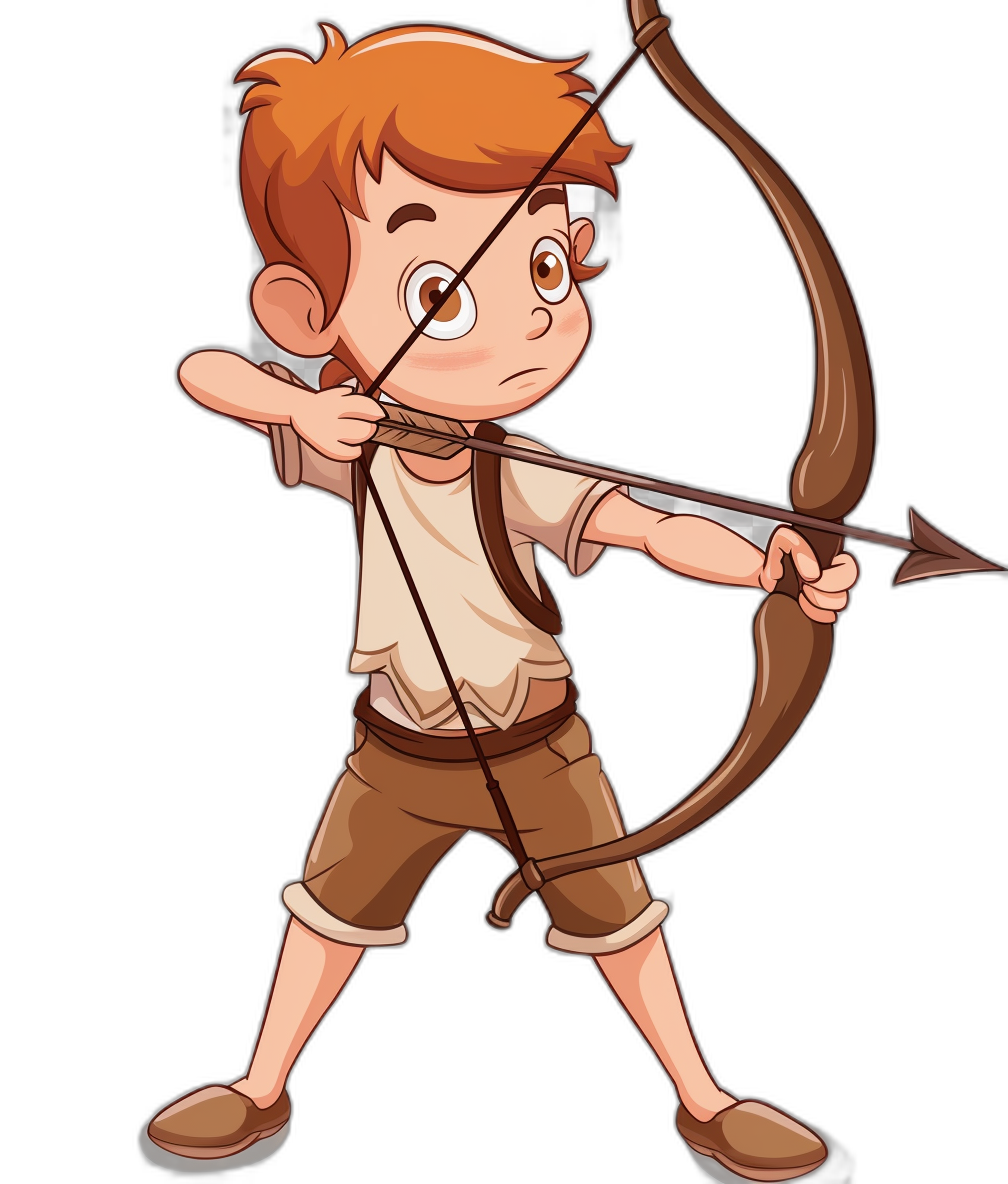 a cartoon style archer boy with bow and arrow, vector art illustration, clipart design, isolated on black background, flat color design, full body view, front face view, wearing brown shorts and white shirt, cute face features, wearing ginger hair, bow is drawn ready to shoot the target