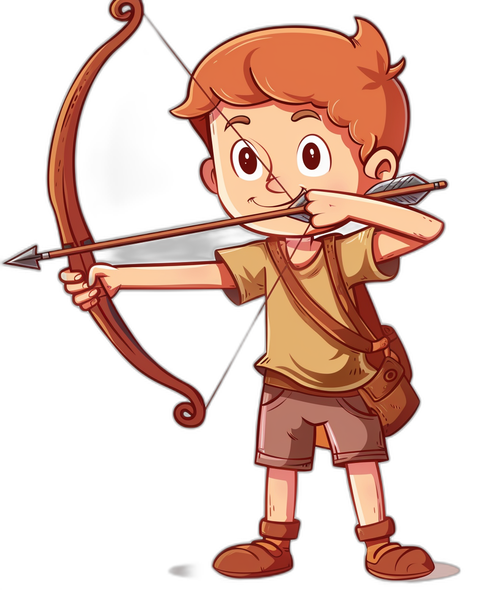 a cartoon character of an archer boy, ginger hair and brown shirt with short sleeves, he is aiming his bow at the camera, vector art style, black background, full body shot