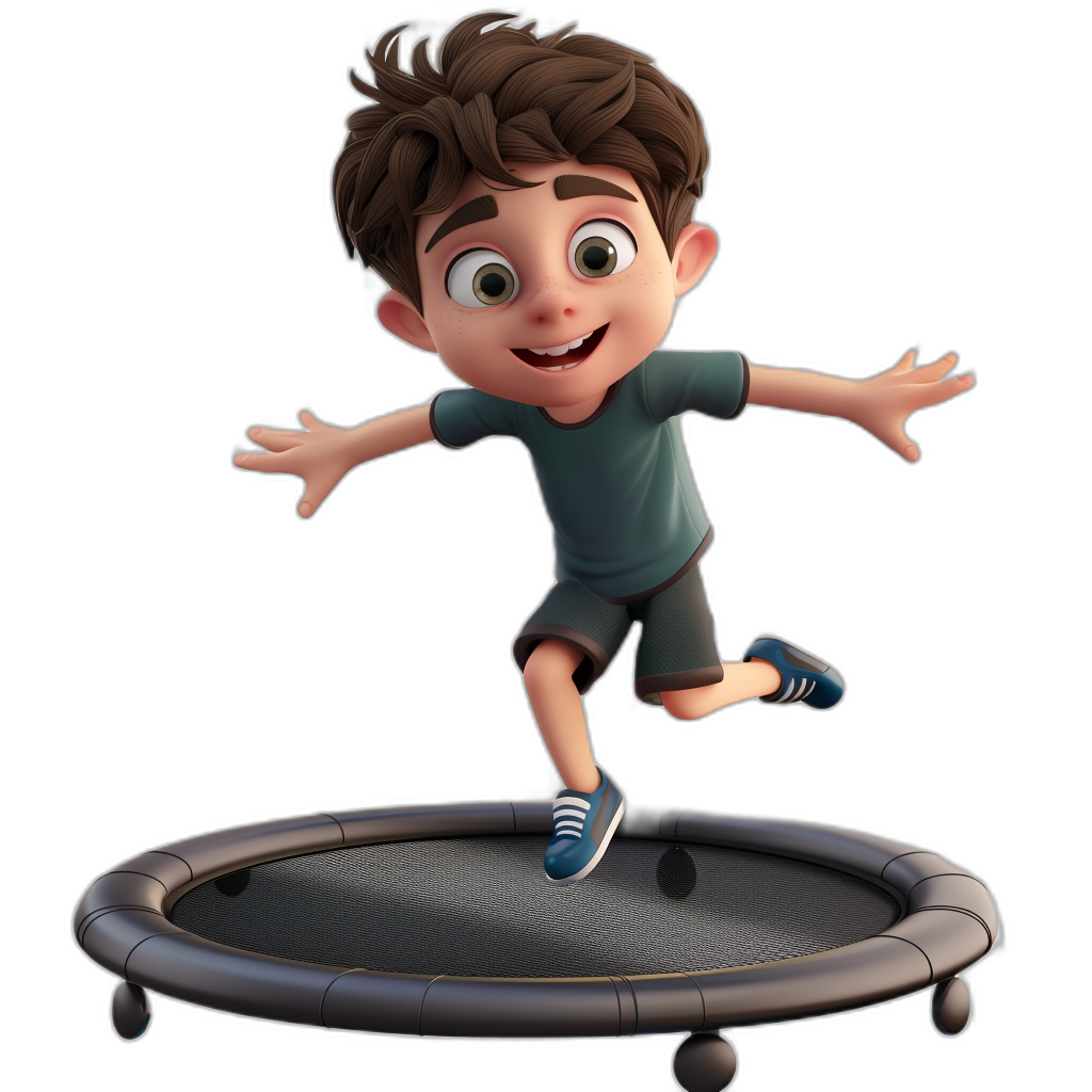 A boy is jumping on the trampoline in the style of cartoon, with a black background, rendered in 3D, with high resolution and quality, as a full body portrait with a happy expression and cute eyes, in the style of a cartoon character design with high detail and best quality, with high definition details at 2048x2056px. In the style of Disney Pixar.