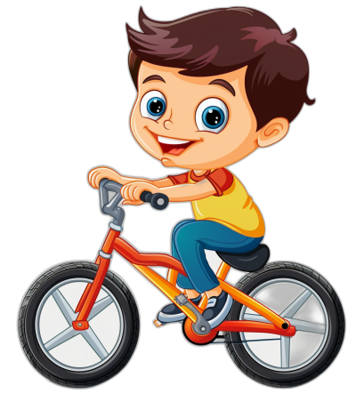 A cute cartoon boy riding his bike in the style of clip art, isolated on a black background, high resolution vector.