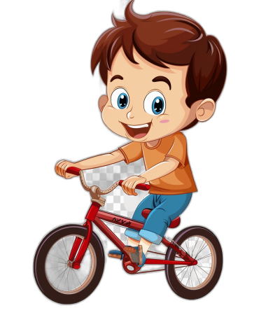 cartoon style, cute boy riding bicycle with a black background in the style of black background.