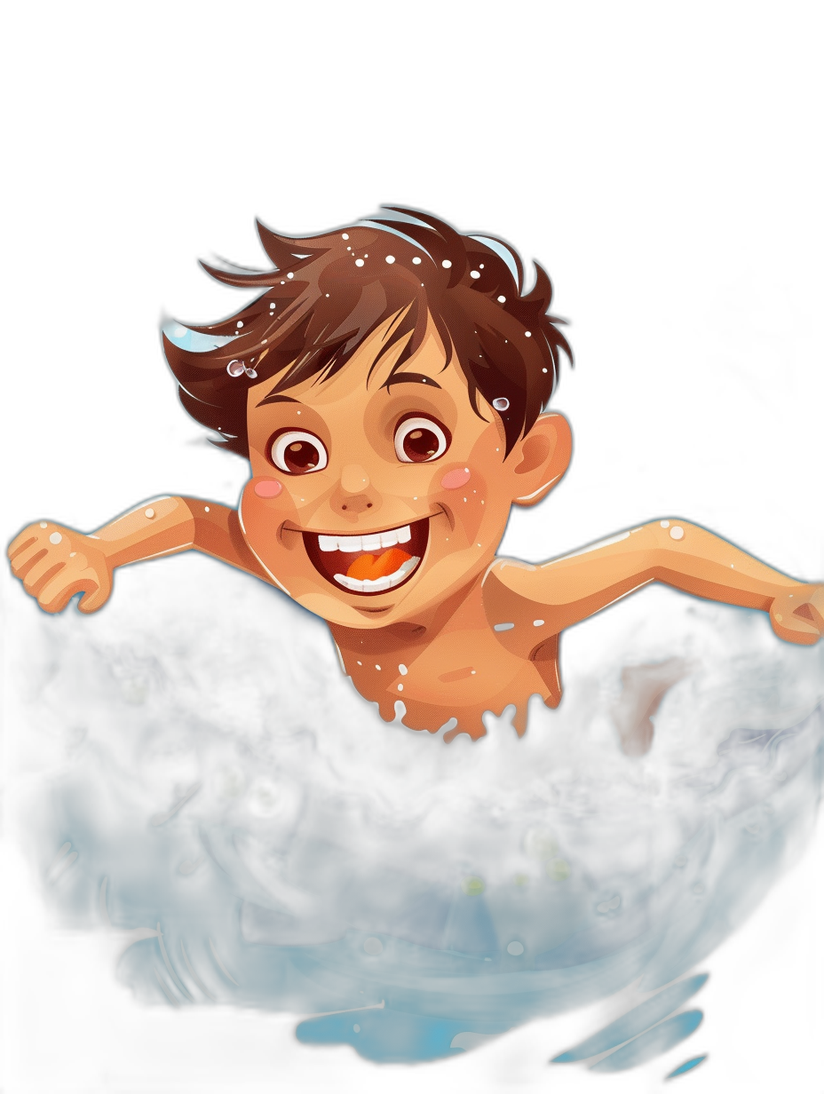 A smiling boy with brown hair and white skin is swimming in black water in the style of a cartoon children’s book illustration.