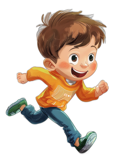 A cute little boy is running, smiling and happy expression in cartoon style, wearing jeans and orange long-sleeved t-shirts with black background, high definition details of the character's facial features. The illustration has a flat design, high resolution, and bright colors. It was created using digital painting techniques. He runs happily with his feet raised.