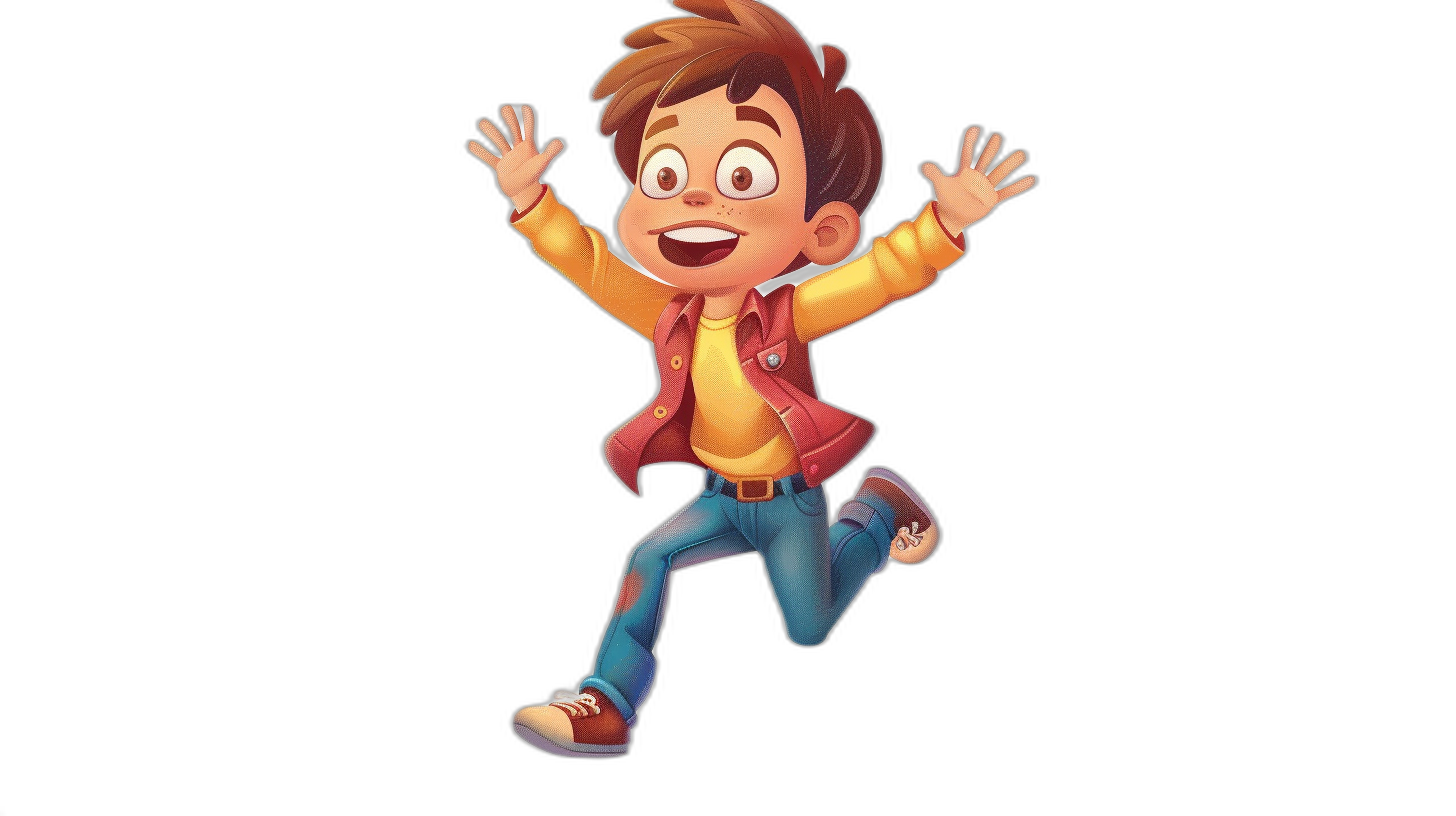 A cartoon boy is jumping, smiling and happy with his hands up in the air. He has brown hair, blue jeans, red shoes, yellow shirt, and a pink jacket on a black background. The style is reminiscent of Pixar.