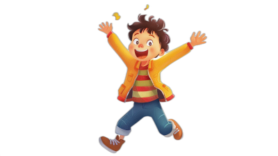 A cartoon boy wearing a yellow jacket and striped shirt is jumping up with joy against a black background, in the style of Pixar.