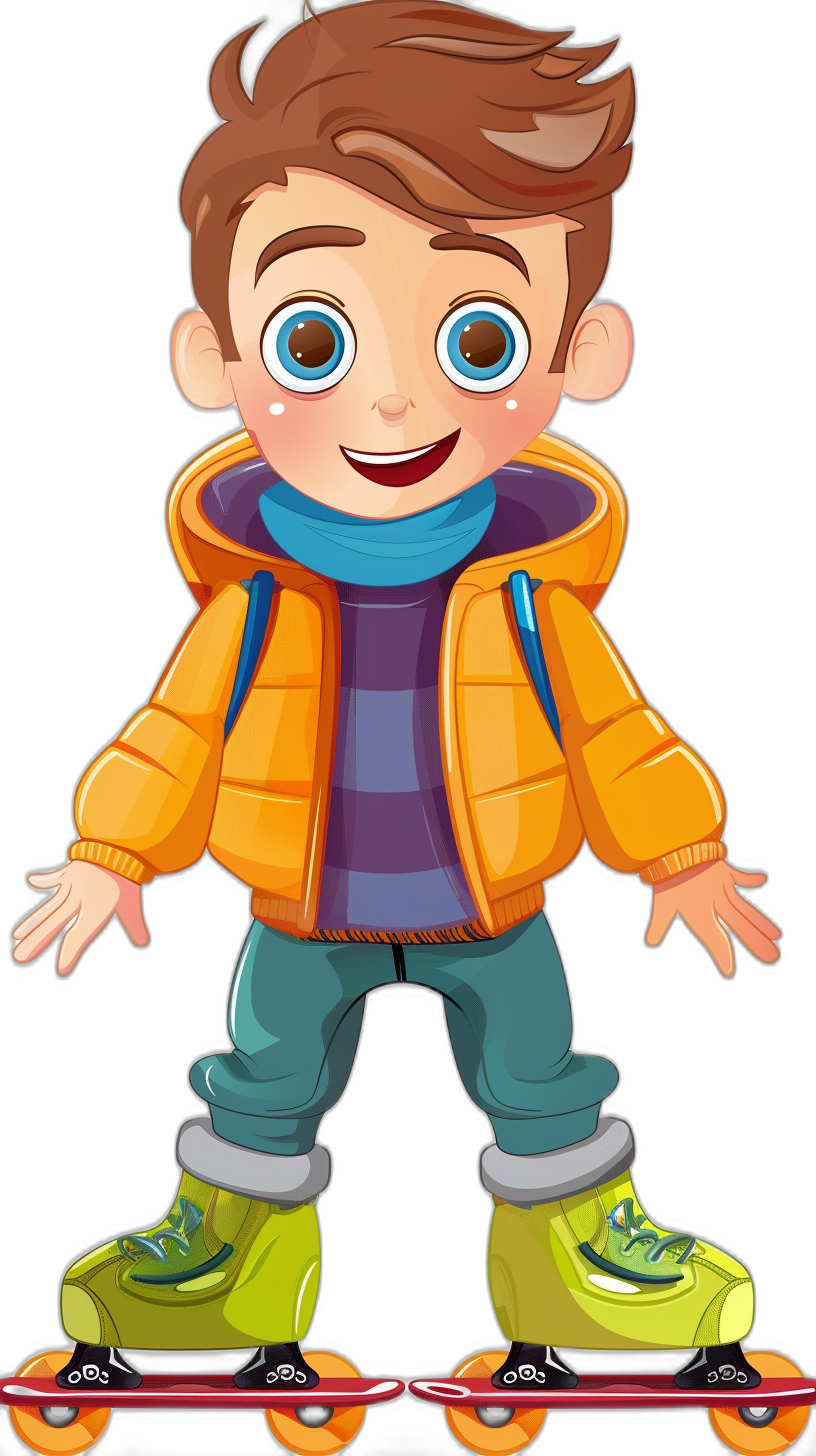 cartoon style, clip art of a happy boy on roller skates with blue eyes and brown hair wearing an orange puffer jacket over a purple turtleneck shirt, green jeans, and yellow shoes on an isolated black background. The artwork is in the style of by an unknown artist.