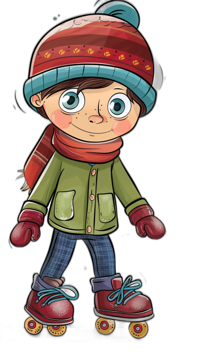 A cute cartoon of a boy on roller skates, wearing winter  and a hat with a scarf. A clipart design in the style of digital illustrations, a colorful cartoon illustration for a children's book on a black background.