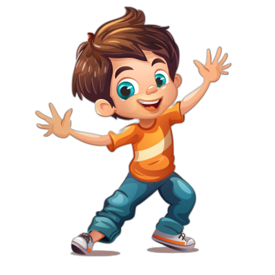 A cute cartoon boy with brown hair, wearing an orange t-shirt and blue jeans is dancing happily on black background. He has big eyes and smiling mouth. The illustration style should be similar to Pixar or Disney animation, with bright colors and detailed textures for the . In digital art graphic design vector illustration