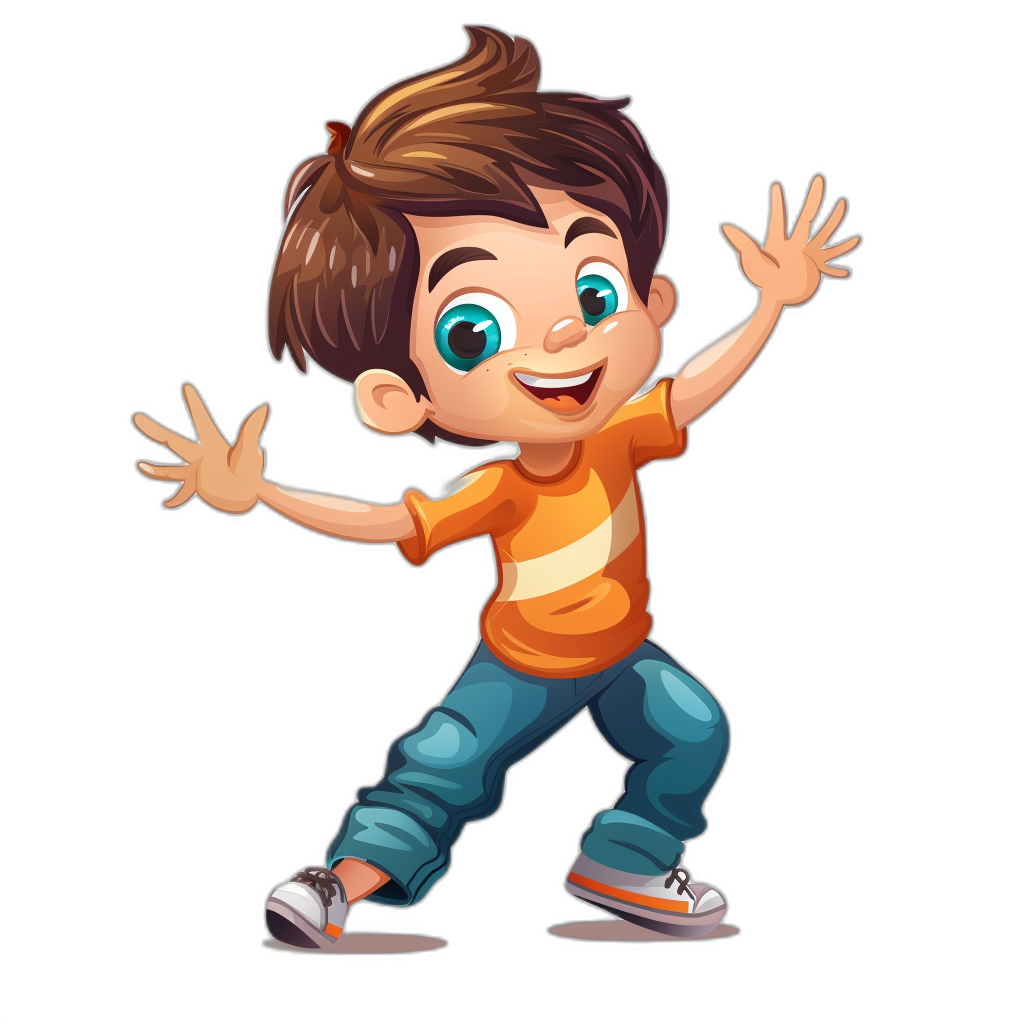 A cute cartoon boy with brown hair, wearing an orange t-shirt and blue jeans is dancing happily on black background. He has big eyes and smiling mouth. The illustration style should be similar to Pixar or Disney animation, with bright colors and detailed textures for the . In digital art graphic design vector illustration