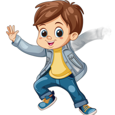 A cartoon boy with brown hair, wearing blue jeans and a yellow t-shirt is dancing on a black background. He has big eyes and a smiling face. The character wears a gray jacket over the top of his shirt. His shoes match perfectly in color to his outfit, a vector illustration for a children's book in the style of cartoon. Full body without an outline on a black background. Cute.