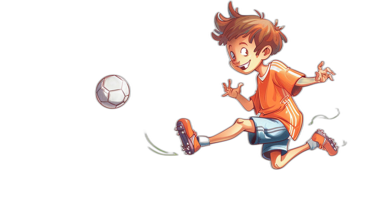 A boy kicking a ball in the style of cartoon, black background, high quality, high resolution, Pixar art style.