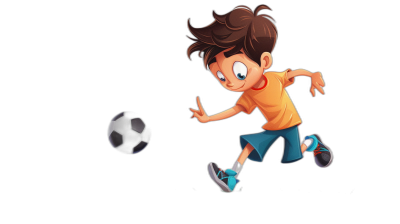 A cartoon boy playing football, with a black background and cartoon style. The little man is wearing an orange T-shirt, blue shorts, and white sneakers on his feet, smiling while kicking the ball. He has brown hair and eyes, adding to his cute appearance. The cartoon character design features exaggerated facial expressions and dynamic poses in the style of .