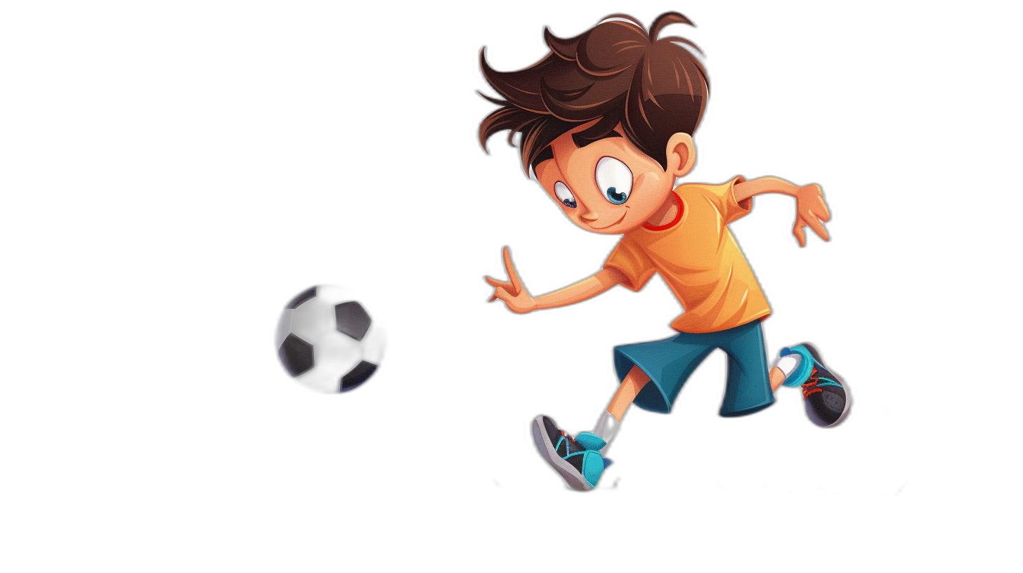 A cartoon boy playing football, with a black background and cartoon style. The little man is wearing an orange T-shirt, blue shorts, and white sneakers on his feet, smiling while kicking the ball. He has brown hair and eyes, adding to his cute appearance. The cartoon character design features exaggerated facial expressions and dynamic poses in the style of .