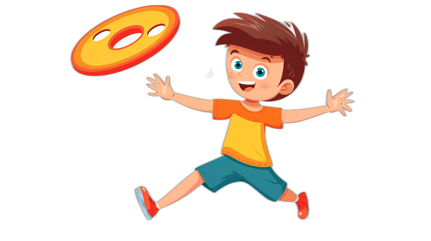 A cartoon boy is playing frisbee in a vector illustration with a black background. The little guy has brown hair and blue eyes, wearing shorts and an orange t-shirt with red shoes as he jumps to catch the flying disc. He looks happy in his facial expression while throwing or catching. Isolated on white, this is a cartoon character design in the style of vector graphics and flat design.