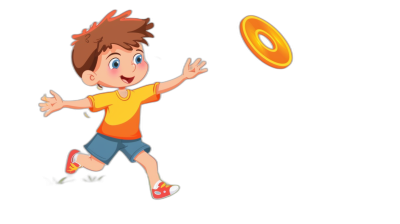 A cartoon boy is playing frisbee in a vector illustration with a solid black background. He has brown hair and blue eyes, wearing shorts, an orange t-shirt and red shoes, throwing the flying disc toward the viewer. The game features bright colors and high resolution, and is suitable for children's books or educational video graphics. It should be lively and engaging, suitable to depict in motion as he throws it forward. I need him from the side, without showing any legs.