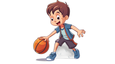 Cartoon boy playing basketball, vector illustration style, black background, flat design, simple lines, high resolution, no shadows on the body. The little guy is wearing sports shoes and shorts with blue sneakers, holding an orange ball in his hand while dribbling across white scales. He has brown hair, wears dark gray pants, light purple shirt with buttons down to mid chest level, small backpack over shoulder. Cartoon character design, cute style in the style of cartoon.