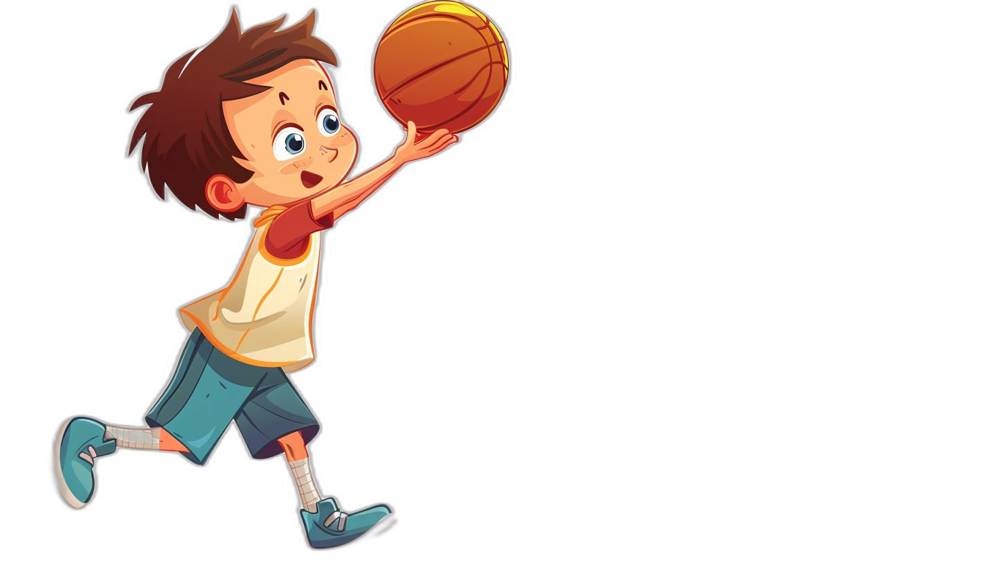 A cartoon boy is playing basketball, jumping to dunk the ball in a full body shot against a black background with a flat illustration style and simple yet cute expression. The illustration is high quality with high detail, resolution, lighting, color scheme, contrast and details. The cartoon character design is in the style of 2D animation.