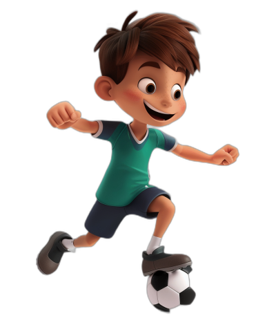 A boy in the style of Pixar, with brown hair and blue eyes playing soccer against a black background wearing a dark green t-shirt, white shorts, and shoes, in the style of a Pixar character, a cartoon character, a cute kid, in a cartoon style, in a Disney animation style, 3d render.