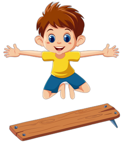 vector cartoon of a boy with brown hair, blue eyes and a yellow t-shirt jumping on a wooden board in the air against an isolated black background, in the style of clip art