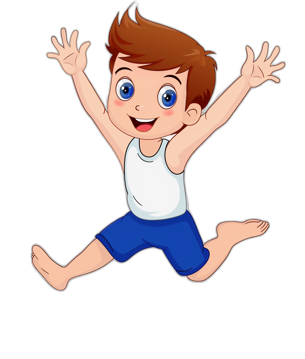 cartoon of happy boy in white tank top and blue shorts jumping, vector illustration with black background