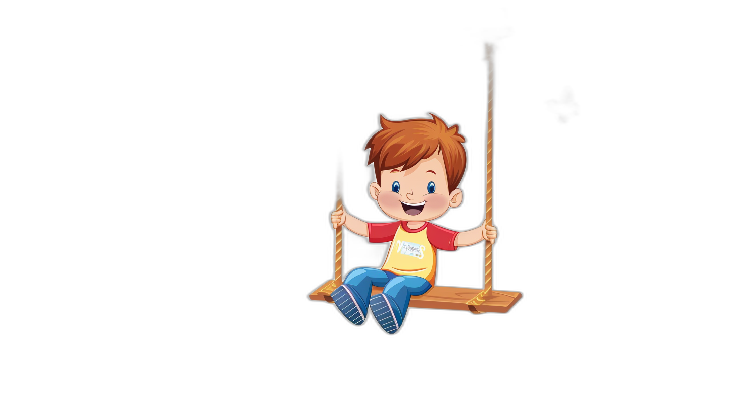 cartoon boy swinging on a swing, happy face, simple design, solid black background, in the style of Pixar