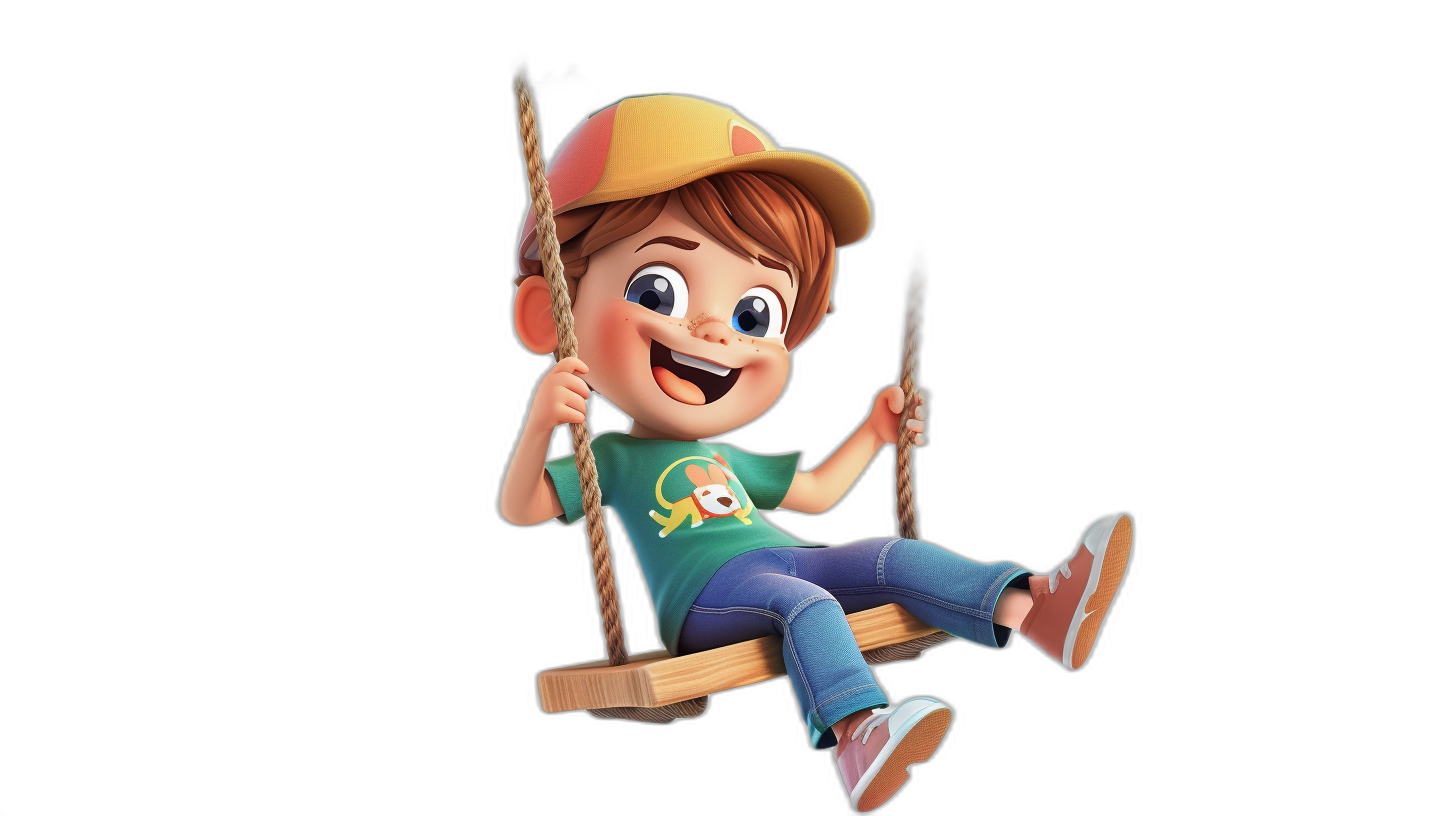 A cute little boy is sitting on the swing, wearing a cap and T-shirt of green color, smiling happily. He has short brown hair, big eyes, and long legs. The artwork is in the style of cartoon and Disney Pixar animation with a black background.