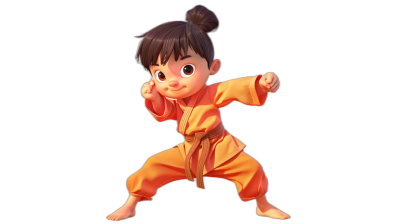 A cute baby girl in an orange karate outfit, doing a one punch man pose with her full body against a black background, in the style of Disney Pixar character design, with clean drawing.