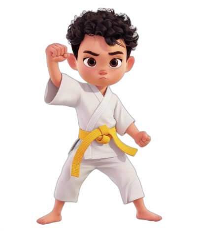 A cute little boy with dark hair and brown eyes wearing a white karate outfit, with a yellow belt, in a full body pose, in the style of Disney with 3D detailed illustration quality like Pixar, for a children's storybook illustration, with a black background.