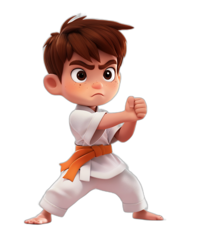 A young boy with brown hair and big eyes, dressed in white karate attire, ready to fight. He has an orange belt around his waist and is striking an upper cut pose, showing determination on his face. The black background creates focus on the character. Pixar style cartoon art in the style of Pixar.