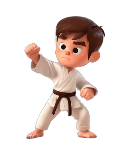 A young boy with brown hair in a white karate outfit, with a cartoon style character design, as a full body, 3D rendering, on a black background, with a simple and cute expression, in the style of 2d game art, in the style of Disney Pixar animation, with a white belt around his waist, holding up one hand to hit the other side of his head, doing palm moves, showing martial arts skills.