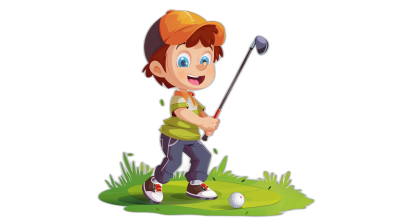 Cartoon boy playing golf, vector illustration with a black background. The character is dressed in casual attire and holding the club ready to hit the ball. He has bright blue eyes and brown hair wearing an orange cap on his head. In a cartoon style, cute and adorable for kids game app or children's book art. A cartoon design concept for a t-shirt print. Vector Illustration