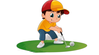 Cartoon boy playing golf, vector illustration with a black background. A cartoon character design of a young kid in a yellow t-shirt and red cap putting the ball on the green fairway isolated on a white background. A cartoon character concept for a children's book cover. A vector illustration in the style of Adobe Illustrator.