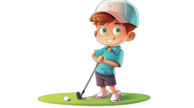 A cute young boy playing golf in the style of Disney Pixar animation on a black background. A full body view and full length illustration with a detailed character design featuring a simple color scheme of bold, solid colors and shapes without shadows. A white outline gives the feel of being cut out. The boy wears a white hat, blue t-shirt, and brown shorts. He holds a small putter with a ball next to him.