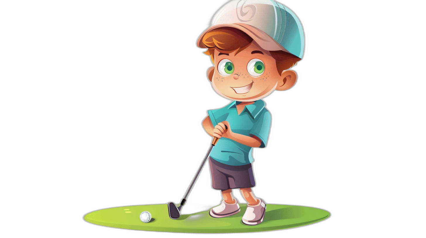 A cute young boy playing golf in the style of Disney Pixar animation on a black background. A full body view and full length illustration with a detailed character design featuring a simple color scheme of bold, solid colors and shapes without shadows. A white outline gives the feel of being cut out. The boy wears a white hat, blue t-shirt, and brown shorts. He holds a small putter with a ball next to him.