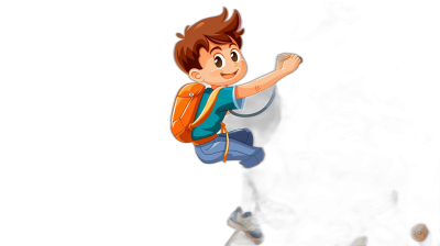 cartoon boy with brown hair and blue shirt jumping in the air, white pants, orange backpack, black background, Disney style cartoon drawing