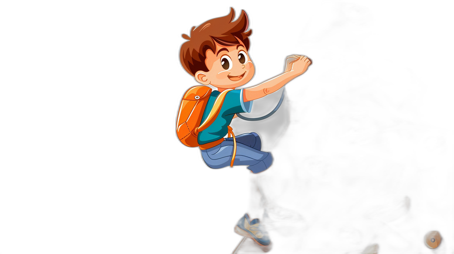 cartoon boy with brown hair and blue shirt jumping in the air, white pants, orange backpack, black background, Disney style cartoon drawing