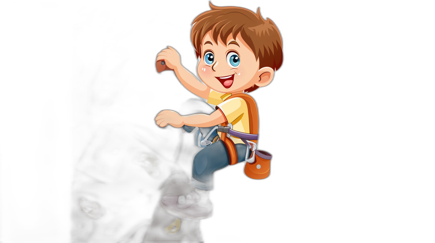 A cartoon boy with brown hair and blue eyes climbing a rock wall, on a solid black background, in the style of Pixar, high quality.