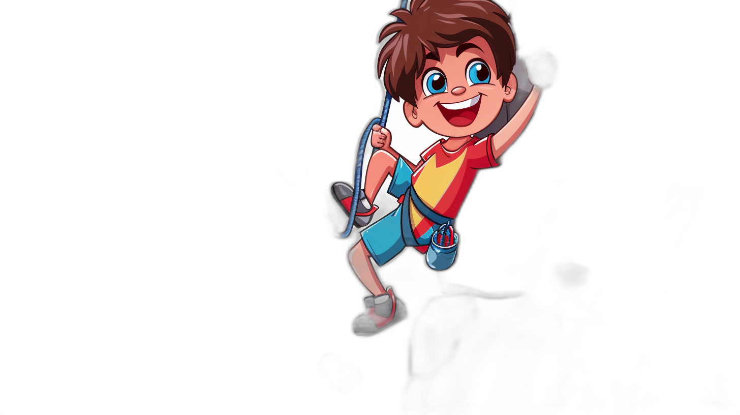 A cartoon character boy doing bouldering, with his right hand raised and smiling at the camera. He is wearing colorful shorts, red sneakers, blue eyes, brown hair, and has an adorable expression on his face. The background of black space highlights him in full body, making him stand out against dark backgrounds. In the style of a cartoon, high resolution, high detail, high quality.