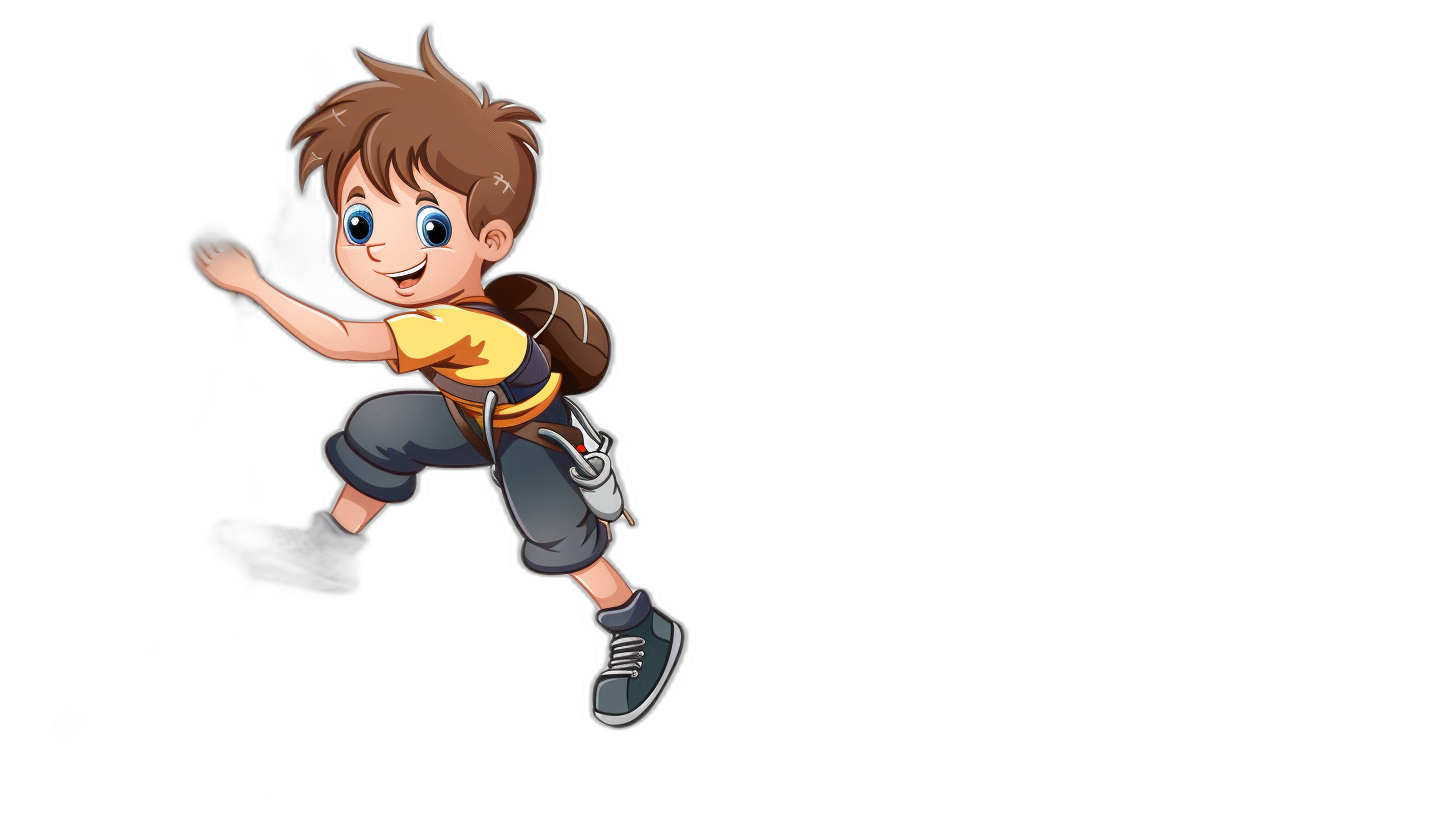 A cartoon character of a boy is jumping, with brown hair and blue eyes wearing black pants, white shoes and a yellow t-shirt in the style of anime on a pure black background.