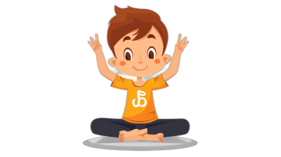 A cartoon-style boy doing yoga, wearing an orange t-shirt with the letter "B" on it and sitting cross-legged in lotus position. He has brown hair, is smiling, holding his hands up to make V shapes above each hand, all against a black background. The design should be simple yet engaging for children's book illustrations or logo use. The vector style artwork is in the style of a simple cartoon.