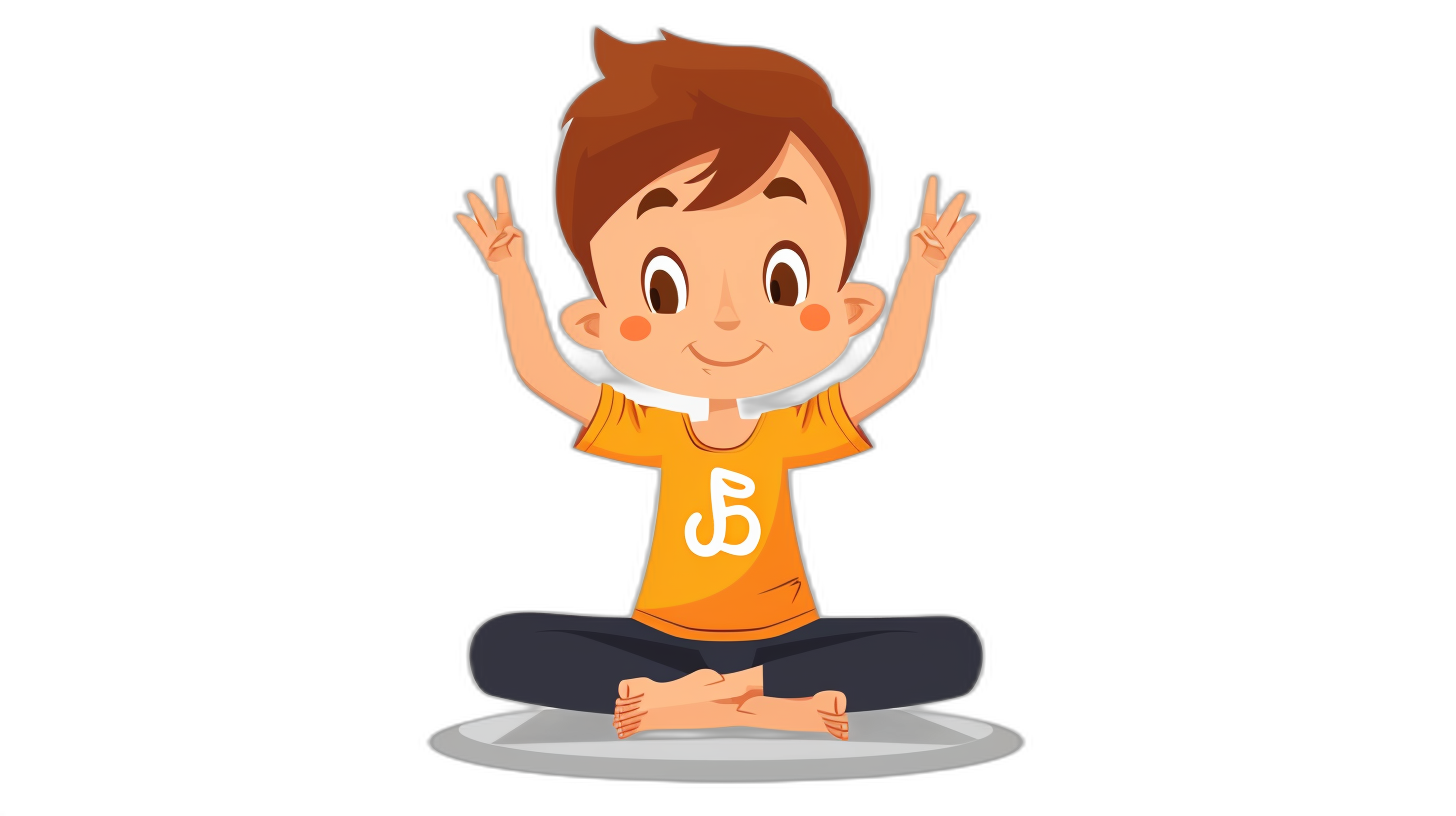 A cartoon-style boy doing yoga, wearing an orange t-shirt with the letter “B” on it and sitting cross-legged in lotus position. He has brown hair, is smiling, holding his hands up to make V shapes above each hand, all against a black background. The design should be simple yet engaging for children’s book illustrations or logo use. The vector style artwork is in the style of a simple cartoon.