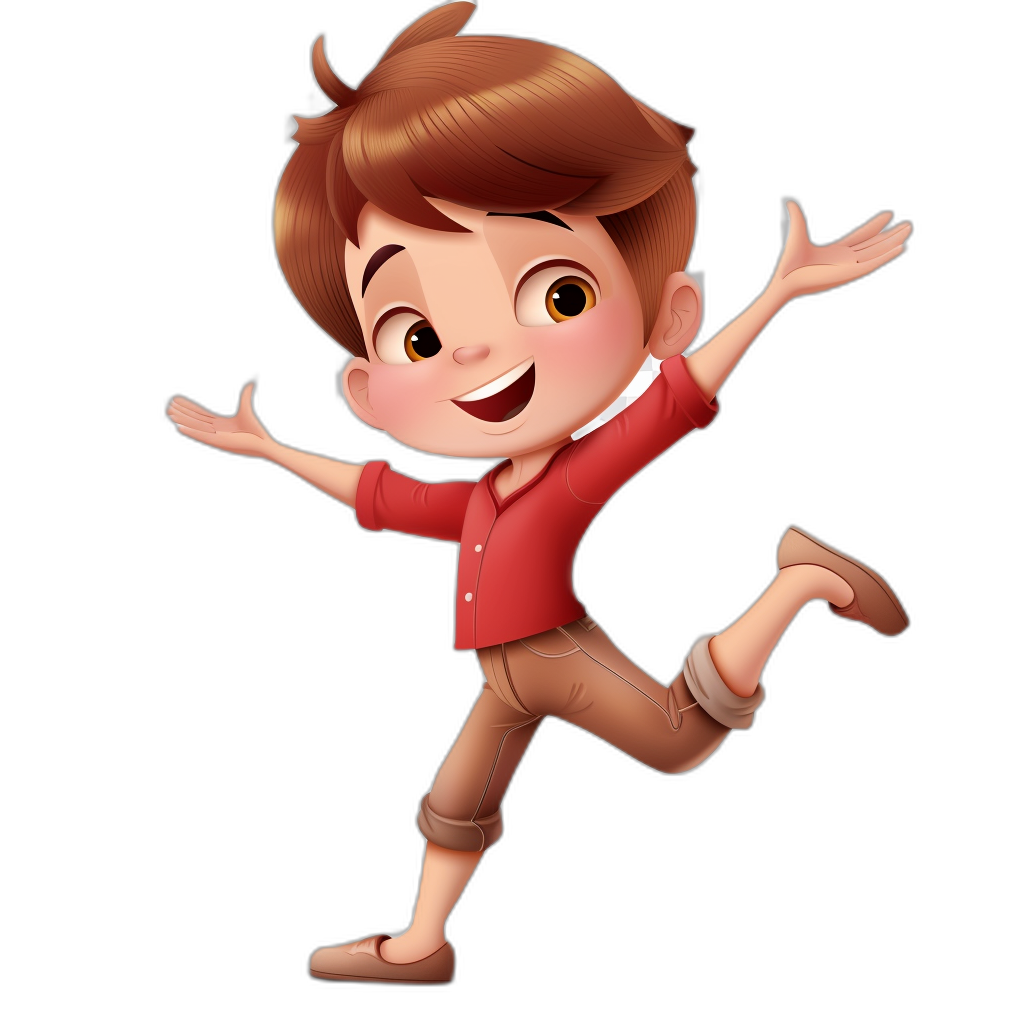 A cute cartoon boy with brown hair and a red shirt with tan pants is jumping in the air with his arms outstretched smiling on a black background in the style of Pixar.