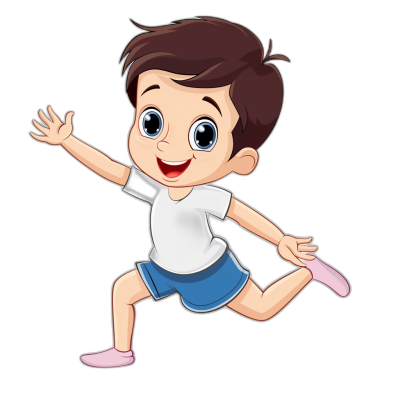 A cute cartoon boy is running with his feet in the air, wearing blue shorts and a white t-shirt on a black background, in the style of a vector illustration.